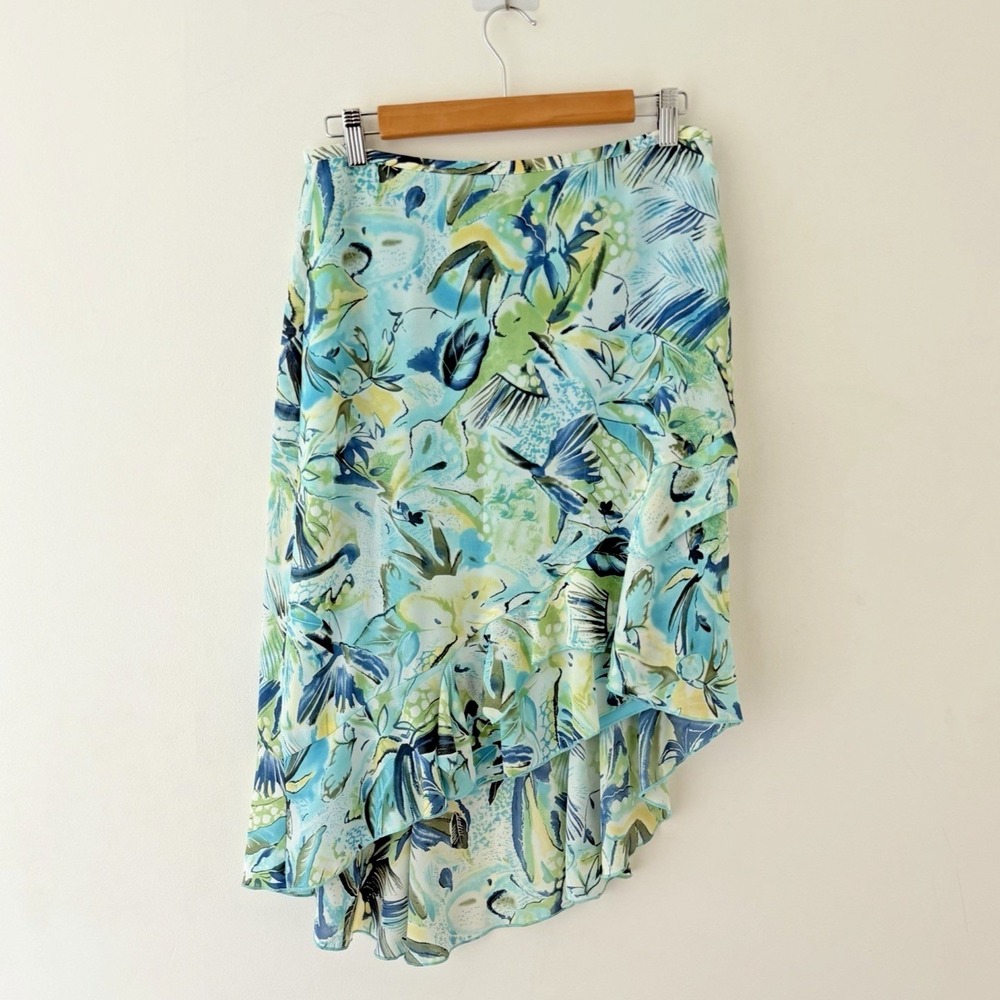 Y2K Frank Lyman Asymmetrical Ruffle Midi Skirt Blue Green Floral Fairy Size 6